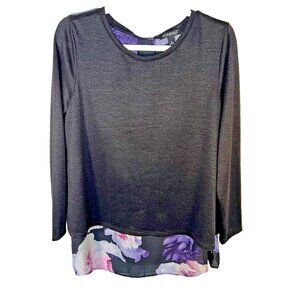 Roz & Ali Blouse Womens M Knit Round Neck 3/4 Sleeve Floral Back Panel Lagen